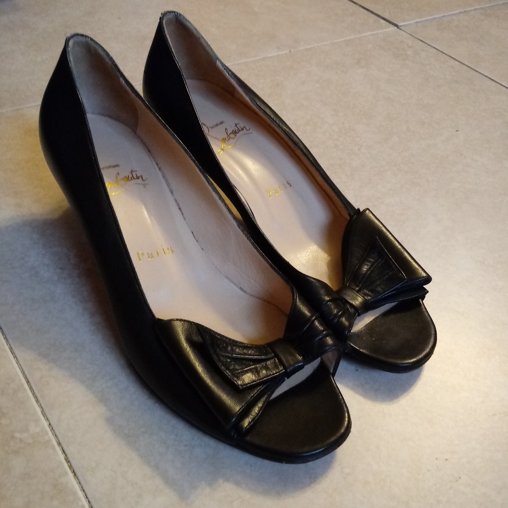 Christian Louboutin Black Leather Peep-Toe Heels with Bow